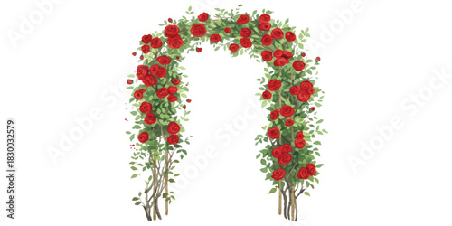 Vibrant watercolor red rose archway with lush green foliage