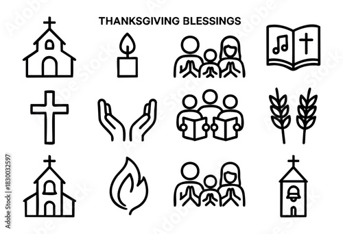 Thanksgiving Blessings line icons — church, prayer, and christian religious symbols for the holiday — stock vector.
