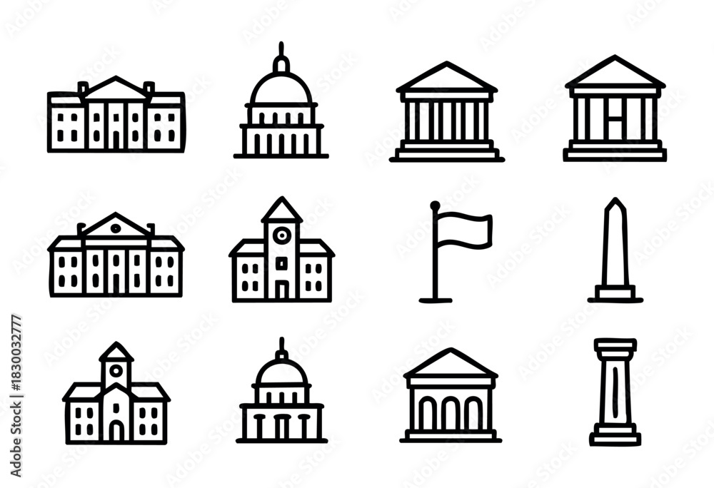 Fototapeta premium Government Buildings line icons — federal, state, and local government architecture — stock vector.