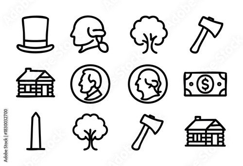 George Washington line icons — American history, president, and folklore symbols — stock vector.