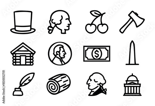 George Washington line icons — American history, president, and folklore symbols — stock vector.