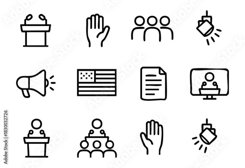 Public Speaking line icons — political debate, press conference, and campaign rally symbols — stock vector.