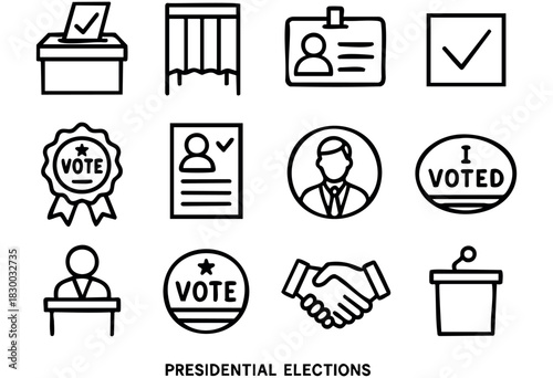 Presidential Elections line icons — voting process, campaign, and democratic symbols — stock vector.