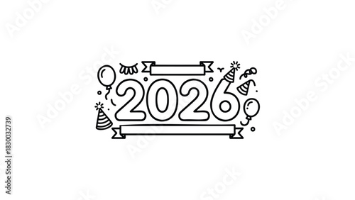 Hand drawn doodle style illustration of the year 2026 surrounded by festive party elements and banners for celebration