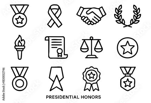 Presidential Honors line icons — award ceremony, medals of honor, and achievement symbols — stock vector.