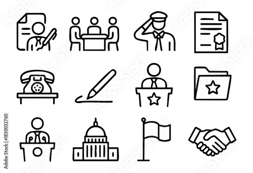 Government & Official Business line icons — bureaucracy, administration, and political process symbols — stock vector.