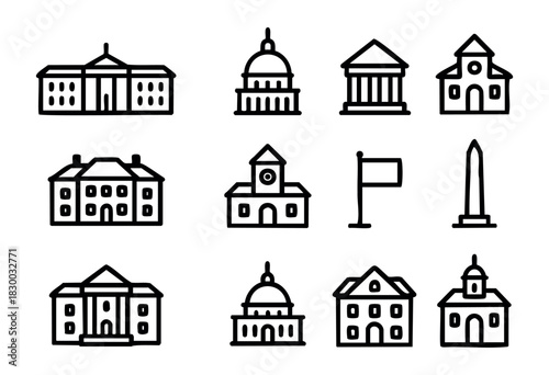 Government Buildings line icons — federal, state, and local government architecture — stock vector.