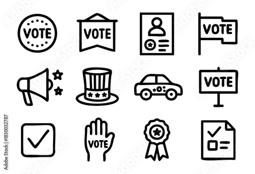 Voting & Campaign doodle icons — hand-drawn election, political rally, and patriotic symbols — stock vector.