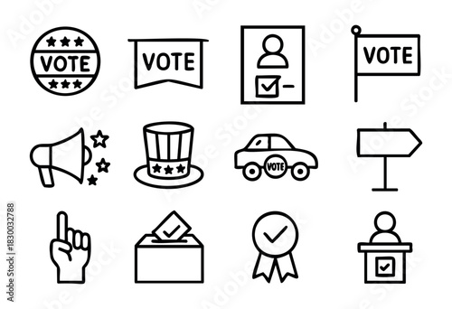 Voting & Campaign doodle icons — hand-drawn election, political rally, and patriotic symbols — stock vector.