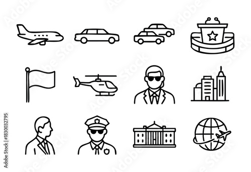 Presidential Motorcade line icons — government transport, security, and official travel symbols — stock vector.