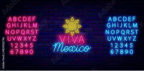 Viva Mexico neon label. Glowing advertising. National sun icon. Mexican traditional holiday. Shiny pink and blue alphabet. Independence day. Culture event. Vector stock illustration
