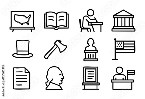 American History Class doodle icons — education, learning, and historical US symbols — stock vector.