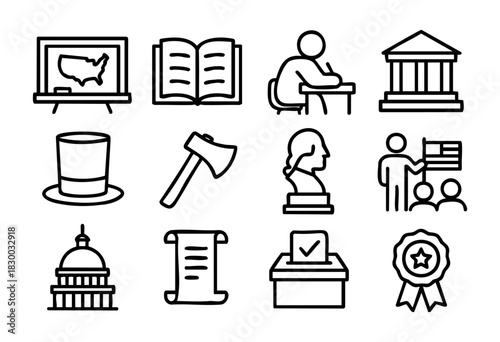 American History Class doodle icons — education, learning, and historical US symbols — stock vector.