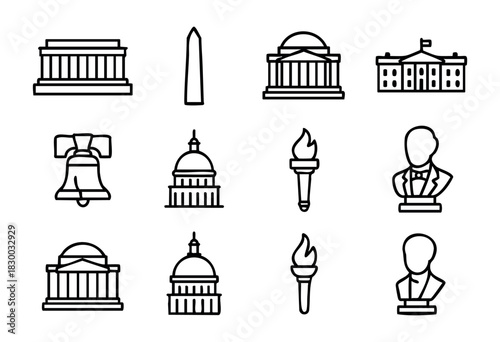 US Landmarks & Monuments doodle icons — famous Washington D.C. and historical American buildings — stock vector.