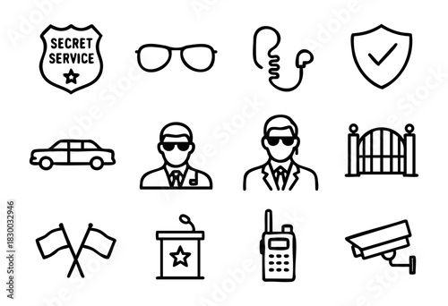 Secret Service line icons — security, protection, and government agent symbols — stock vector.