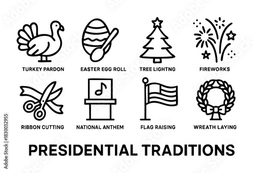 Presidential Traditions line icons — official White House ceremonies and holiday event symbols — stock vector.