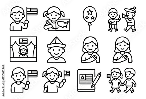 Patriotic Kids line icons — children celebrating USA holidays, holding flags, and participating in national events — stock vector.