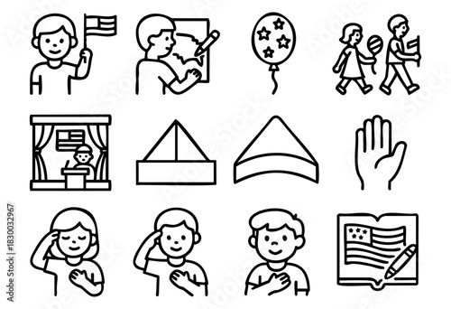 Patriotic Kids line icons — children celebrating USA holidays, holding flags, and participating in national events — stock vector.