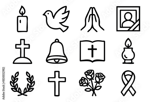 Funeral & Mourning line icons — memorial service, religious, and remembrance symbols — stock vector.
