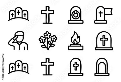 Cemetery & Graveyard line icons — gravestones, military honors, and memorial symbols — stock vector.