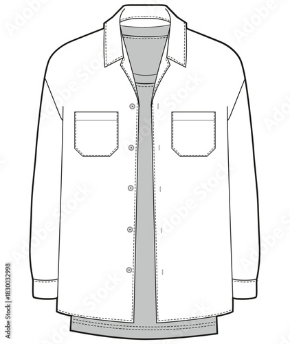 mens long sleeve shirt flat sketch vector illustration technical cad drawing template