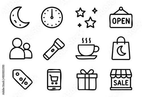Late Night Sale doodle icons — midnight shopping event, 24-hour store, and special offer symbols — stock vector.