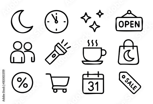 Late Night Sale doodle icons — midnight shopping event, 24-hour store, and special offer symbols — stock vector.
