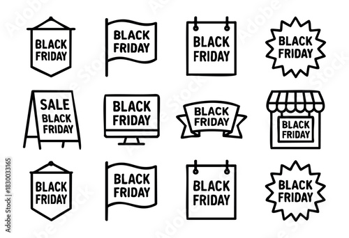 Black Friday Banners line icons — promotional signs, flags, and retail advertisements for the sales event — stock vector.