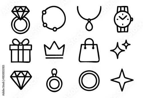 Jewelry & Luxury Goods doodle icons — precious gems, fine accessories, and high-end gift symbols — stock vector.