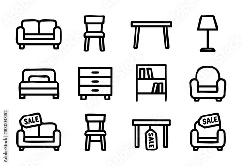 Furniture Sale doodle icons — home furnishings, interior decor, and discounted items for the house — stock vector.