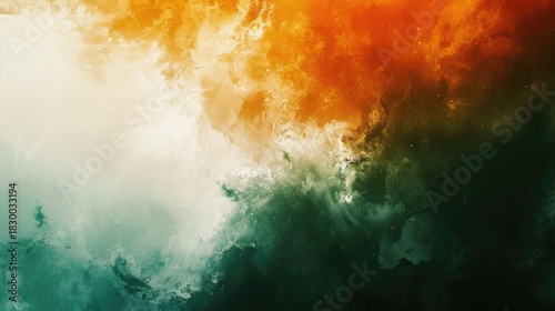 Celebratory horizontal banner for Indian Independence Day featuring abstract saffron, white and green background with paint texture. Design with copy space, free space for text