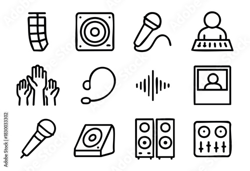 Public Speaking & Audio doodle icons — live performance, conference, and sound system equipment — stock vector.