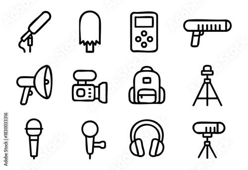 Field Recording & Video Production line icons — filmmaking, journalism, and location sound equipment — stock vector.