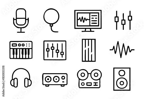 Professional Audio Studio line icons — high-fidelity recording, mixing, and mastering equipment symbols — stock vector.