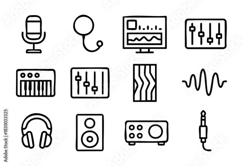 Professional Audio Studio line icons — high-fidelity recording, mixing, and mastering equipment symbols — stock vector.