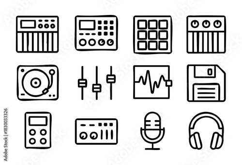 Electronic Music Production doodle icons — vintage and modern synthesizers, drum machines, and samplers — stock vector.