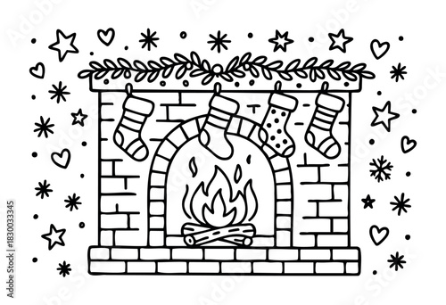 Christmas Fireplace Doodle — a cozy, hand-drawn holiday scene with a decorated hearth and stockings hung for Santa — stock vector.