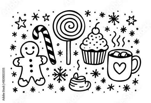 Christmas Sweets & Treats Doodle — a collection of hand-drawn holiday foods like a gingerbread man, candy cane, and hot chocolate — stock vector.