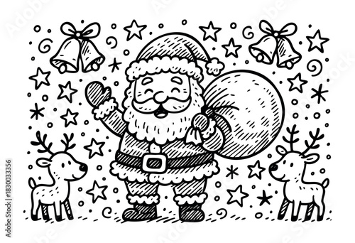 Santa Claus & Reindeer Doodle — a hand-drawn winter holiday scene with Santa, his sack of toys, and two cute reindeer — stock vector.