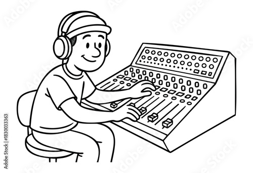 Cartoon Sound Engineer — a line art illustration of a happy audio technician or music producer working at a mixing board — stock vector.