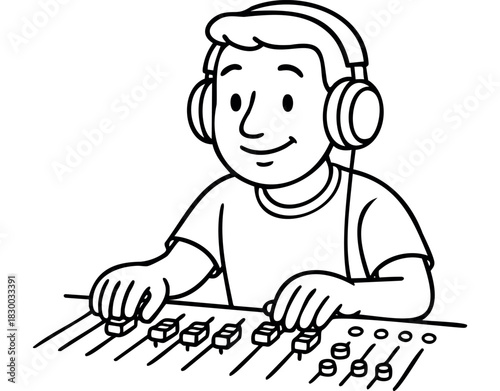 Cartoon Sound Engineer at a Mixing Board — a line art illustration of a smiling DJ or music producer wearing headphones and mixing audio — stock vector.