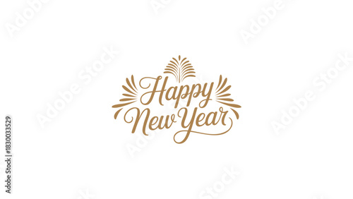 Elegant golden happy new year typography with festive flourishes and sparkles on a white background