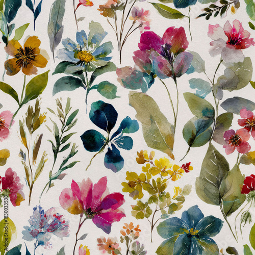 Vibrant watercolor floral pattern, bursting with Fuchsia Pink, Marigold Yellow, and Cerulean Blue blossoms, perfect for digital design created in adobe photoshop with a fresh, artistic aesthetic.