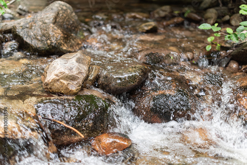 Close-up of water rushing over smooth river rocks in a creek