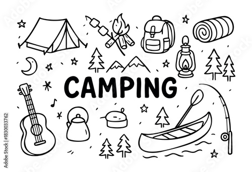 Camping doodle illustration — tent, bonfire, and other outdoor and forest adventure items — stock vector.