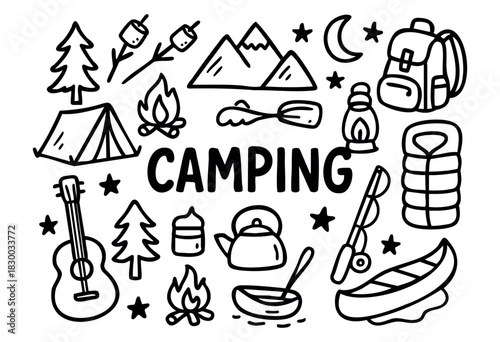 Camping doodle illustration — outdoor adventure gear, nature, and other forest recreation elements — stock vector.