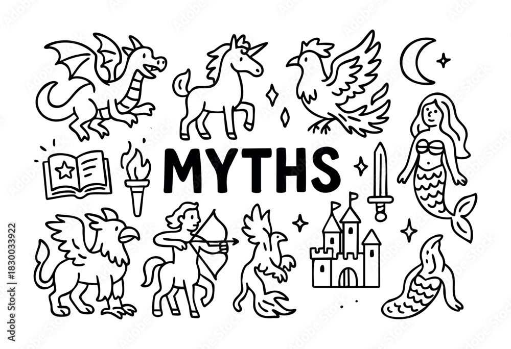 Obraz premium Doodle icons of mythical creatures and fantasy elements — dragon, unicorn, mermaid, and griffin — stock vector.