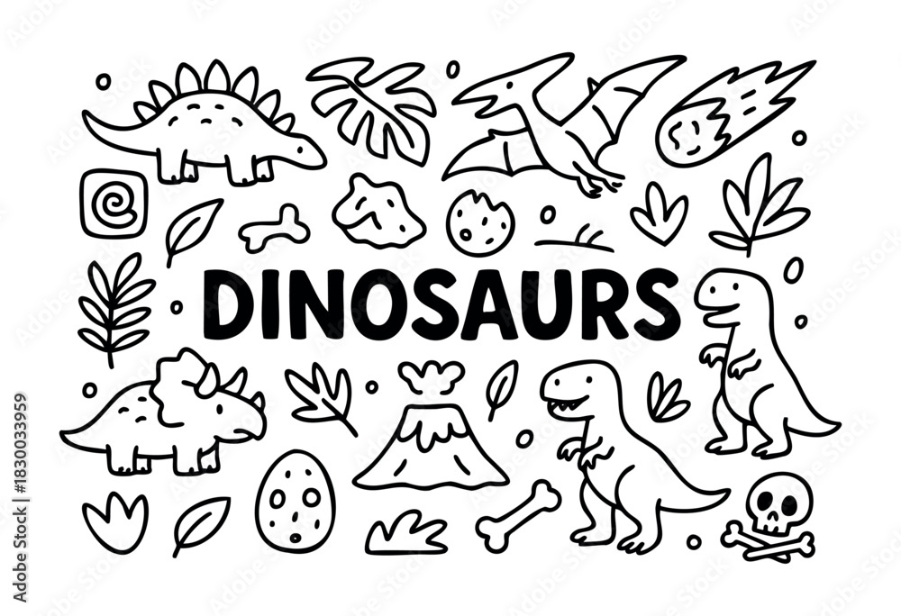 Naklejka premium Doodle icons of dinosaurs and the prehistoric era — T-Rex, triceratops, volcano, and fossils — stock vector.