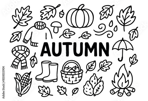 Doodle icons for the autumn season — leaves, pumpkin, scarf, and sweater — stock vector.