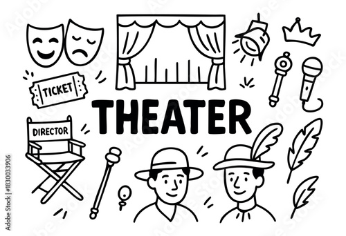 Doodle icons for theater and performance — stage, masks, ticket, and actor — stock vector.